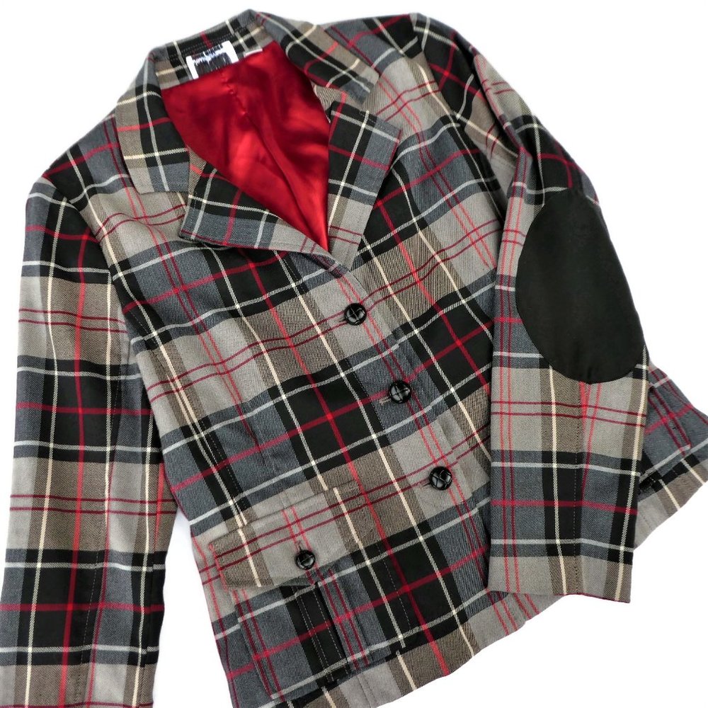 Vintage 80s Joan Rivers Blazer Plaid Elbow Patch Red Satin Lining Back Vent S